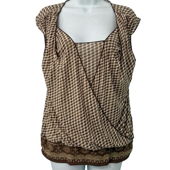 Studio M Geometric Brown Tan Squares Layered Tank Top Sleeveless Blouse size L - Picture 6 of 8